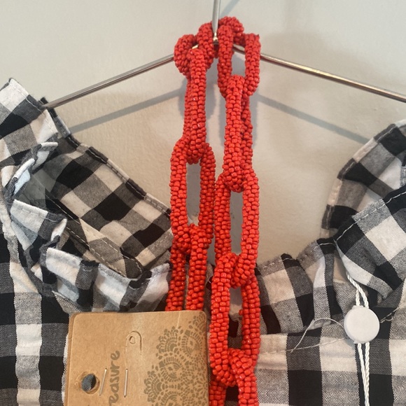 Mud Pie black and white gingham dress WITH red necklace - Picture 5 of 5